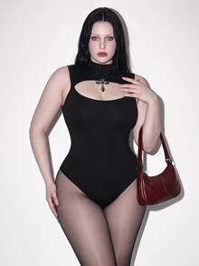 SHEIN ICON 大码女士性感纯色无袖镂空连体衣，夏季 - 黑色 - 查看 1