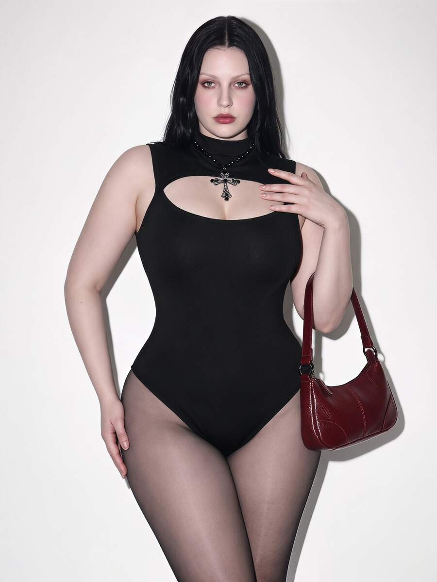 SHEIN ICON 大码女士性感纯色无袖镂空连体衣,夏季 - 黑色 - 查看 1