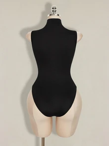 SHEIN ICON 大码女士性感纯色无袖镂空连体衣，夏季 - 黑色 - 查看 6
