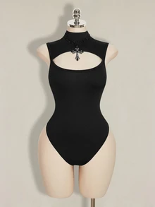SHEIN ICON 大码女士性感纯色无袖镂空连体衣，夏季 - 黑色 - 查看 3