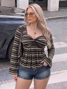 SHEIN ICON 女款大尺碼秋冬復古性感千禧風Y2K日常簡約休閒甜心領棕色條紋喇叭袖打結T恤 - 棕色 - 查看 2