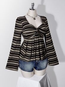 SHEIN ICON 女款大尺碼秋冬復古性感千禧風Y2K日常簡約休閒甜心領棕色條紋喇叭袖打結T恤 - 棕色 - 查看 7