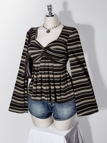 SHEIN ICON 女款大尺碼秋冬復古性感千禧風Y2K日常簡約休閒甜心領棕色條紋喇叭袖打結T恤 - 棕色 - 查看 4