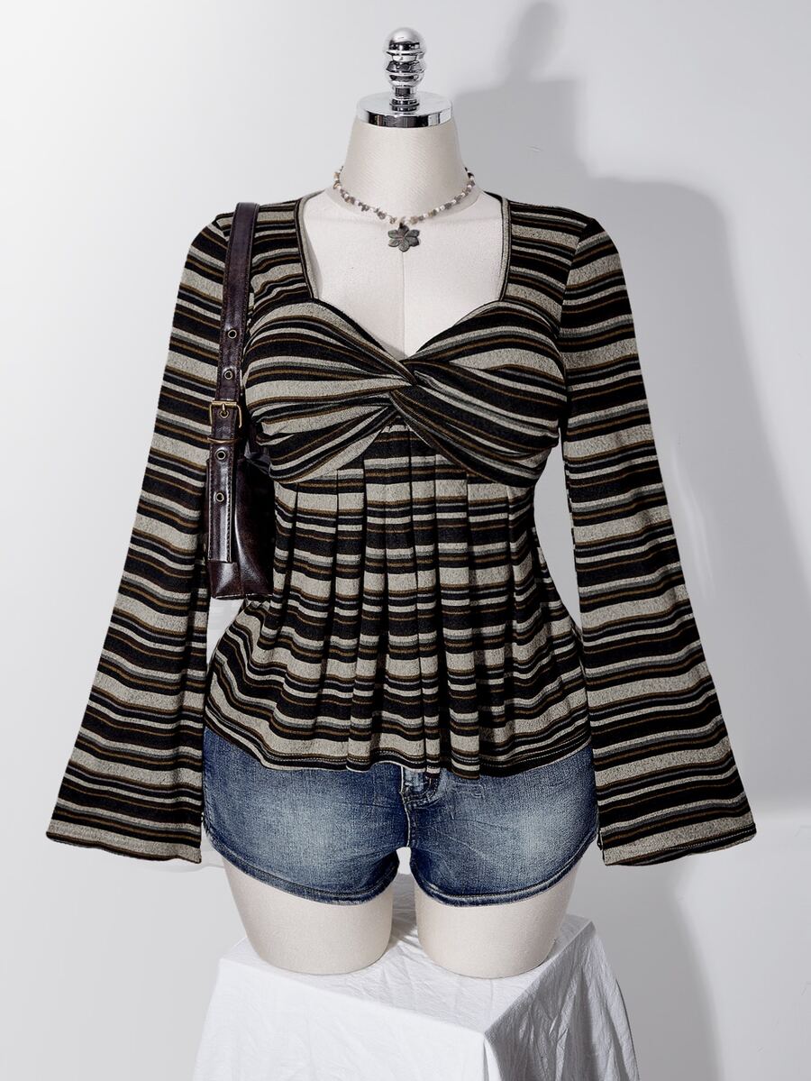 SHEIN ICON 女款大尺碼秋冬復古性感千禧風Y2K日常簡約休閒甜心領棕色條紋喇叭袖打結T恤 - 棕色 - 查看 1