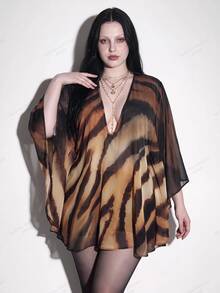 SHEIN ICON Plus Size Retro Sexy Y2K Simple Elegant Everyday Casual Vacation Party Deep V-Neck Tiger Print Chiffon Loose Cover-Up Dress Fall Brown Spotty - Multicolor - View 1