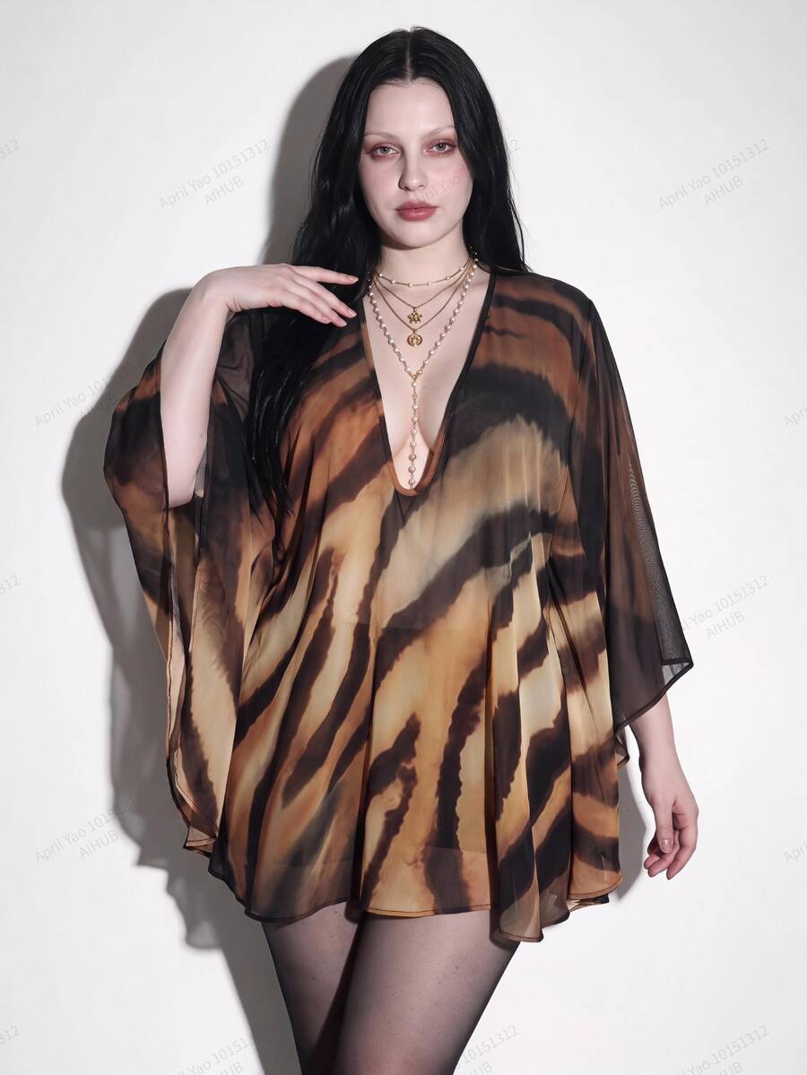 SHEIN ICON Plus Size Retro Sexy Y2K Simple Elegant Everyday Casual Vacation Party Deep V-Neck Tiger Print Chiffon Loose Cover-Up Dress Fall Brown Spotty - Multicolor - View 1