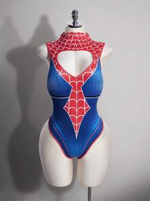 SHEIN ICON Plus Size Sexy Simple Casual Millennial Style Y2K Halloween Outfit: Red And Blue Color-Blocked Spiderweb Pattern Bodysuit With Cutout At The Chest - Multicolor - View 1