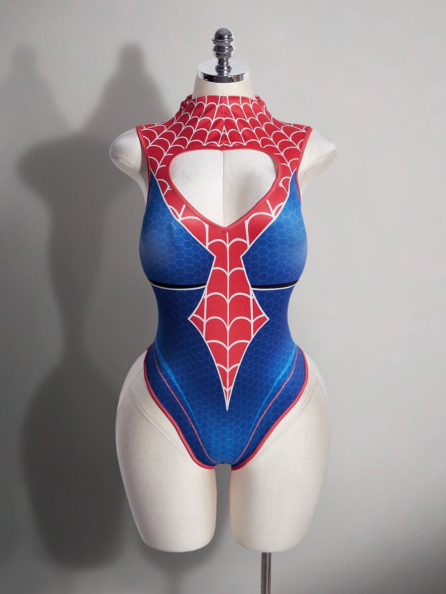SHEIN ICON Plus Size Sexy Simple Casual Millennial Style Y2K Halloween Outfit: Red And Blue Color-Blocked Spiderweb Pattern Bodysuit With Cutout At The Chest - Multicolor - View 1