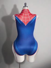 SHEIN ICON Plus Size Sexy Simple Casual Millennial Style Y2K Halloween Outfit: Red And Blue Color-Blocked Spiderweb Pattern Bodysuit With Cutout At The Chest - Multicolor - View 8