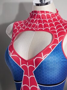 SHEIN ICON Plus Size Sexy Simple Casual Millennial Style Y2K Halloween Outfit: Red And Blue Color-Blocked Spiderweb Pattern Bodysuit With Cutout At The Chest - Multicolor - View 4