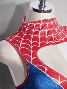 SHEIN ICON Plus Size Sexy Simple Casual Millennial Style Y2K Halloween Outfit: Red And Blue Color-Blocked Spiderweb Pattern Bodysuit With Cutout At The Chest - Multicolor - View 7