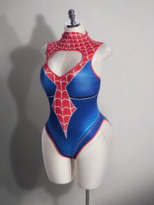 SHEIN ICON Plus Size Sexy Simple Casual Millennial Style Y2K Halloween Outfit: Red And Blue Color-Blocked Spiderweb Pattern Bodysuit With Cutout At The Chest - Multicolor - View 3