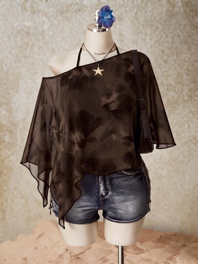SHEIN ICON Casual Romantic Floral Print Plus Size Mesh Brown Top For Women