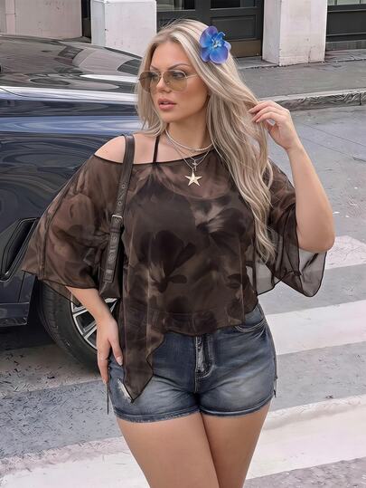 SHEIN ICON 女款休閒浪漫花卉印花大尺碼網紗棕色上衣