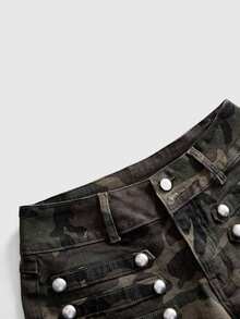ROMWE Grunge Punk Plus Size Denim Hot Girl Cavalry Metal Button Design Ultra Low Waist Skinny Denim Mini Shorts - Army Green - View 4
