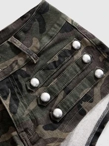 ROMWE Grunge Punk Plus Size Denim Hot Girl Cavalry Metal Button Design Ultra Low Waist Skinny Denim Mini Shorts - Army Green - View 5