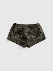 ROMWE Grunge Punk Plus Size Denim Hot Girl Cavalry Metal Button Design Ultra Low Waist Skinny Denim Mini Shorts - Army Green - View 2