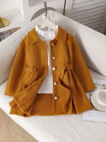 SHEIN 冬季長袖翻領大衣套裝，優雅駝色A字喇叭大衣，配大蝴蝶結腰帶與金色鈕扣，柔軟面料，派對穿搭聖誕裝 - 卡其色 - 查看 4
