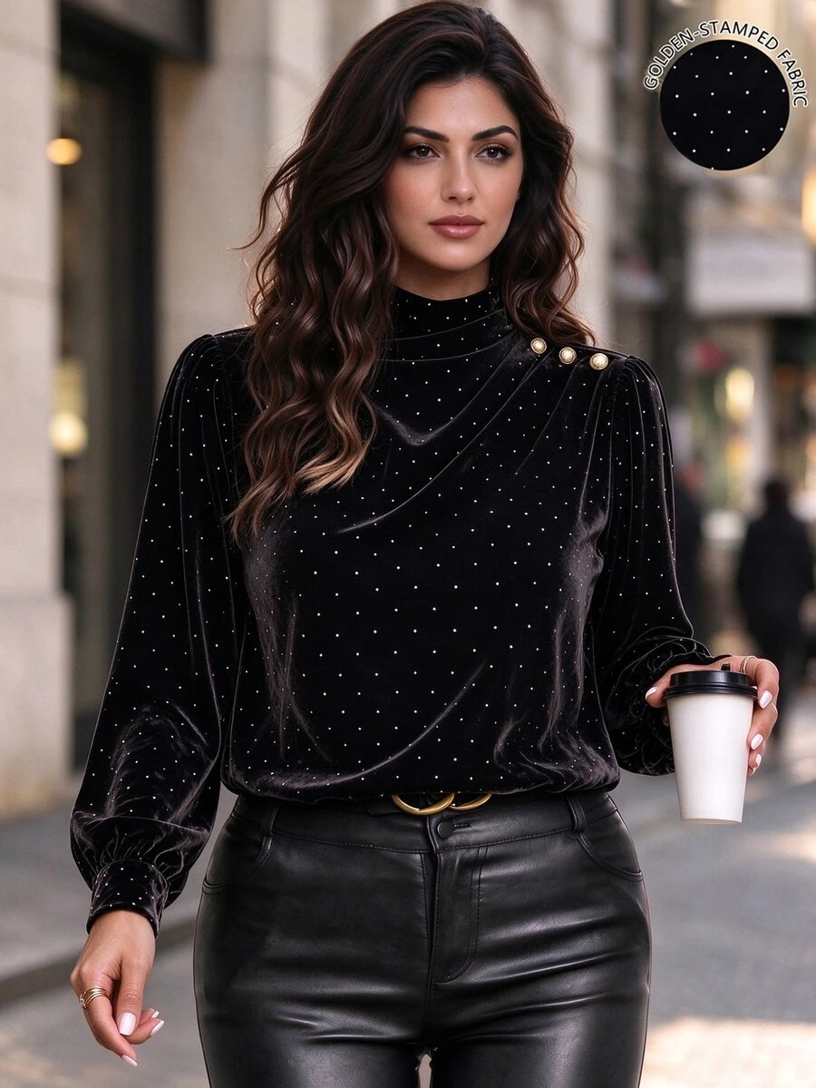 SHEIN LUNE CURVE Plus Size Knitted Elegant Long-Sleeved Autumn Shirt Fall - Black - View 1