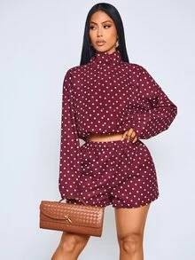 SOLERSUN Women's Chic Retro Elegant Vintage White And Burgundy Long Sleeve Zip Drawstring Jacket High Waist Shorts Matching Set Vacation Tea Party Brunch Fall - Burgundy - View 4