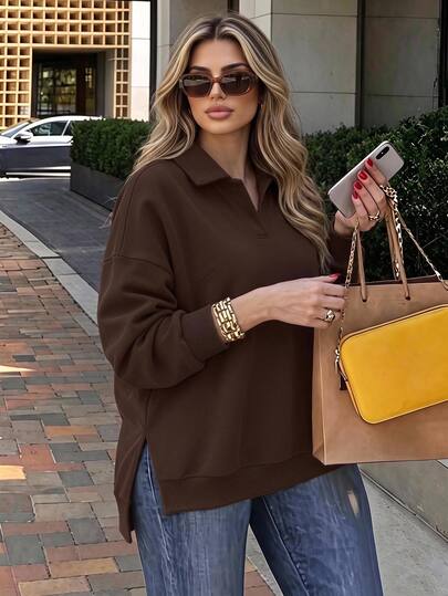 Easura Fall/Winter Plus Size Women's Shirt Collar Drop Shoulder Split Hem Casual Western Tops For Going Out Formal Commute Sweatshirt Grey Casual Tailored