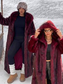 GalTyme Plus Size Women's Hooded Long Sleeve Loose Fashion Fuzzy Thick Coat - Burgundy - View 9