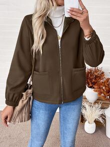 SHEIN Women's Solid Color Casual Zip-Up Composite Fleece Long Sleeve Jacket - Coffee Brown - View 7