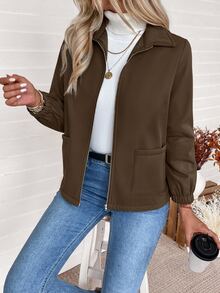 SHEIN Women's Solid Color Casual Zip-Up Composite Fleece Long Sleeve Jacket - Coffee Brown - View 5