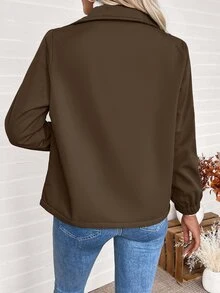 SHEIN Women's Solid Color Casual Zip-Up Composite Fleece Long Sleeve Jacket - Coffee Brown - View 2