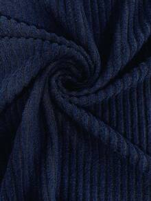 RosyDaze Vintage Asymmetrical Draped Neck Textured Ruched Form-Fitting Long Sleeve Top Fall Cloth For Women - Navy Blue - View 7