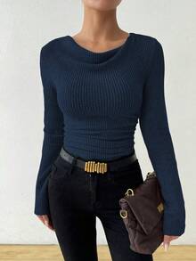 RosyDaze Vintage Asymmetrical Draped Neck Textured Ruched Form-Fitting Long Sleeve Top Fall Cloth For Women - Navy Blue - View 5