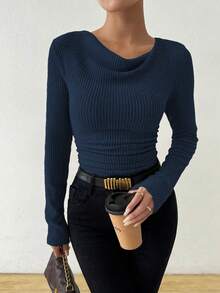 RosyDaze Vintage Asymmetrical Draped Neck Textured Ruched Form-Fitting Long Sleeve Top Fall Cloth For Women - Navy Blue - View 4
