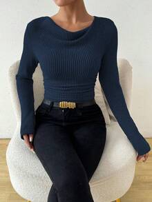 RosyDaze Vintage Asymmetrical Draped Neck Textured Ruched Form-Fitting Long Sleeve Top Fall Cloth For Women - Navy Blue - View 6