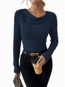 RosyDaze Vintage Asymmetrical Draped Neck Textured Ruched Form-Fitting Long Sleeve Top Fall Cloth For Women - Navy Blue - View 3