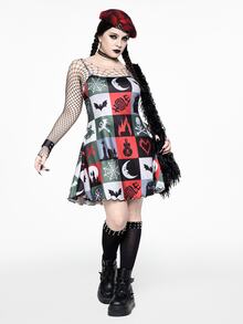 ROMWE Goth Y2K Christmas Dark Multi-Element Skull & Bell Sexy Dark Girl All-Over Print Mini Dress For Women - Multicolor - View 5