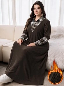 Al Najma Plus Size Women's Patchwork Plaid Collar Long Sleeve Arabian Dress - Multicolor - View 3