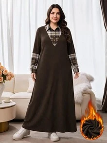 Al Najma Plus Size Women's Patchwork Plaid Collar Long Sleeve Arabian Dress - Multicolor - View 1