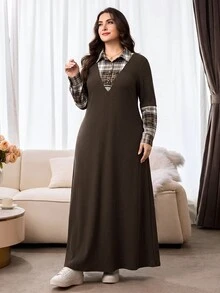 Al Najma Plus Size Women's Patchwork Plaid Collar Long Sleeve Arabian Dress - Multicolor - View 5