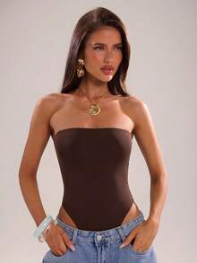 SHEIN BAE Autumn/Winter Solid Brown Built-In Padded Bandeau Bodysuit, Elegant Minimalist Fashion Bodysuit - Brown - View 5