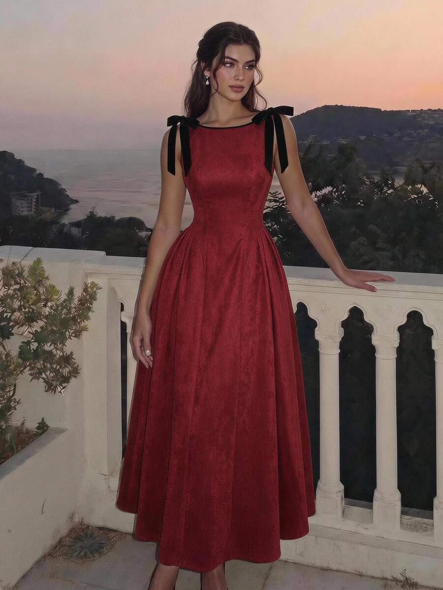 SHEIN MOD 圓領無袖對比飾邊蝴蝶結腰部喇叭下擺黑色與紅色優雅洋裝,適合派對、晚餐、夜晚、聖誕節、新年 - 紅色 - 查看 1