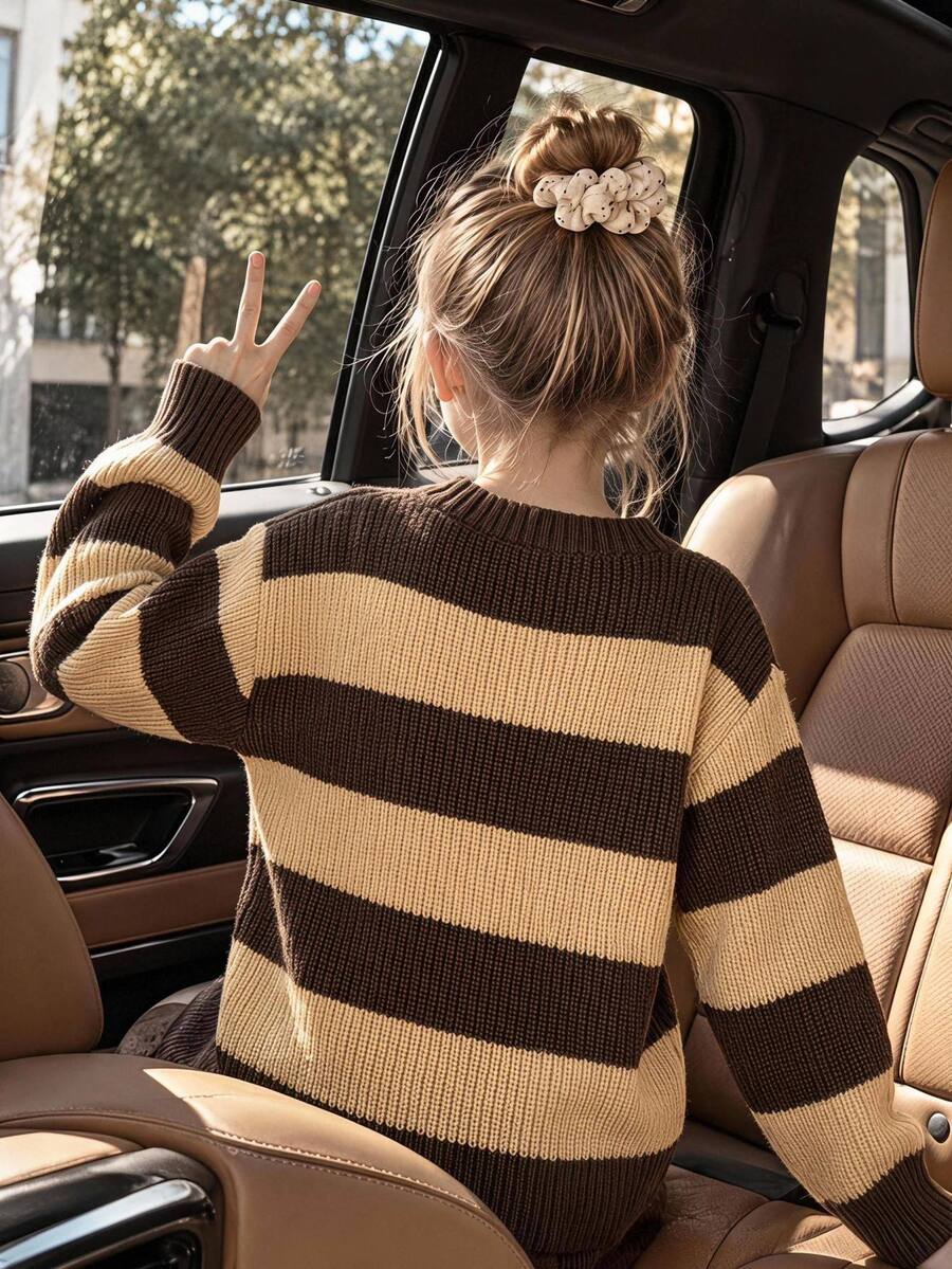 SHEIN 青少年女孩冬季針織羅紋圓領長袖條紋棕色與米色套頭毛衣 - 棕色 - 查看 1