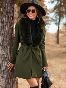 SHEIN LUNE 秋冬時尚優雅毛絨拼接大衣 適合辦公與旅行 橄欖綠 - 橄欖綠 - 查看 5