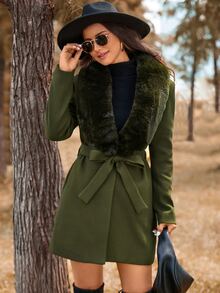 SHEIN LUNE 秋冬時尚優雅毛絨拼接大衣 適合辦公與旅行 橄欖綠 - 橄欖綠 - 查看 6