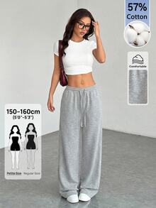 SHEIN PETITE Comfortable And Casual Solid Color Knitted Wide-Leg Women Sweatpants ,Petite Women - Light Grey - View 3