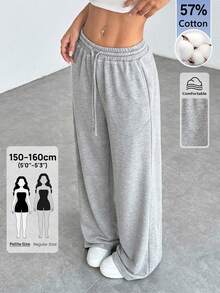 SHEIN PETITE Comfortable And Casual Solid Color Knitted Wide-Leg Women Sweatpants ,Petite Women - Light Grey - View 4