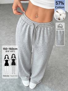 SHEIN PETITE Comfortable And Casual Solid Color Knitted Wide-Leg Women Sweatpants ,Petite Women - Light Grey - View 8
