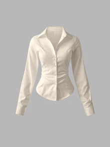 Elamini Women's Casual Elegant Versatile Solid Color Cinched Waist Shirt Fall Cloth For Office Business. - Apricot - View 2