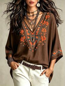 Glimmora Women's Floral Print V-Neck Vintage Fashion Blouse - Multicolor - View 4
