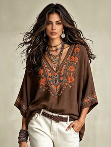 Glimmora Women's Floral Print V-Neck Vintage Fashion Blouse - Multicolor - View 1