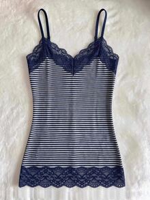 IslaSuriya Women's Fitted Lace Patchwork Striped Camisole Tank Top - Navy Blue - View 1